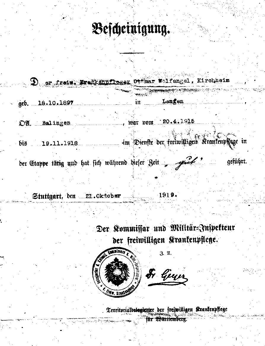 Bescheinigung &uuml;ber 
      die Dienstzeit als Krankenpfleger (1919)